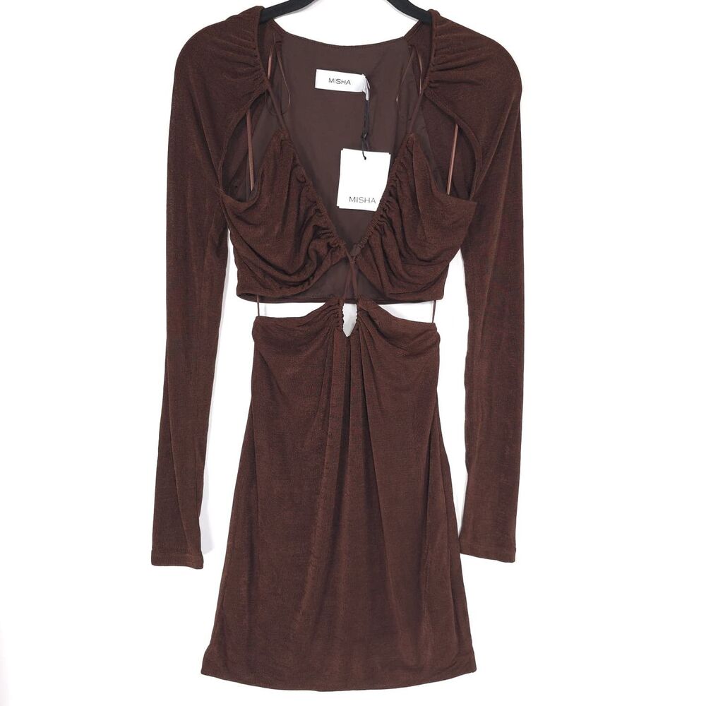 MISHA Women's New Mini Dress 4 Cut Out Ruched Bodycon Chocolate MJ22DR017